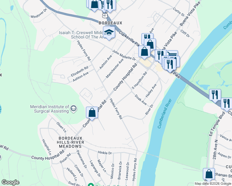map of restaurants, bars, coffee shops, grocery stores, and more near 1720 County Hospital Road in Nashville