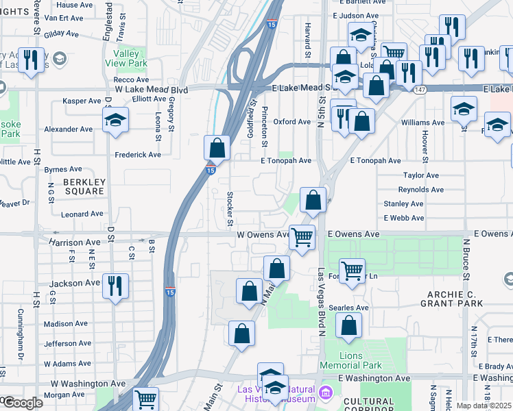 map of restaurants, bars, coffee shops, grocery stores, and more near 12 East Webb Avenue in North Las Vegas