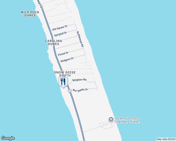 map of restaurants, bars, coffee shops, grocery stores, and more near 129 North Snow Geese Drive in Kitty Hawk