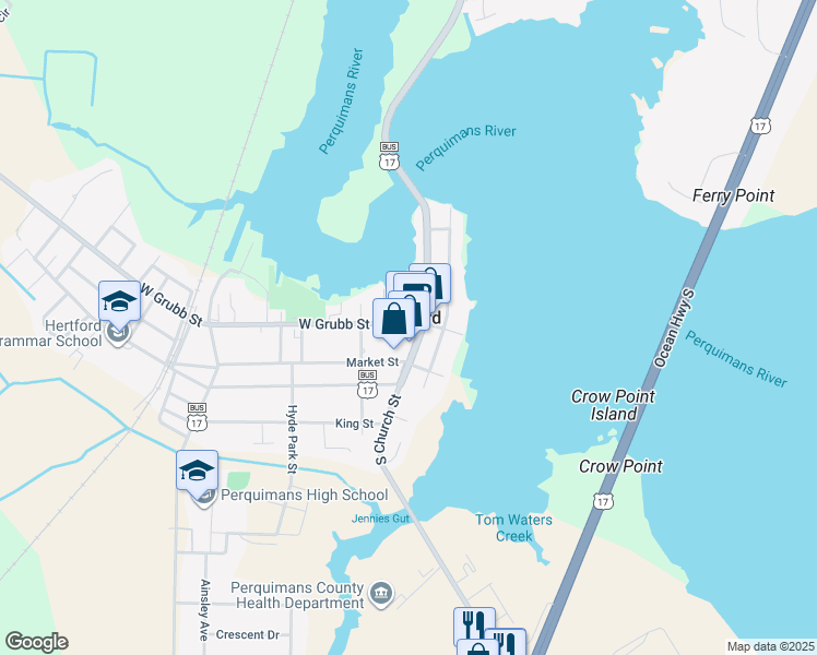 map of restaurants, bars, coffee shops, grocery stores, and more near 135 North Church Street in Hertford