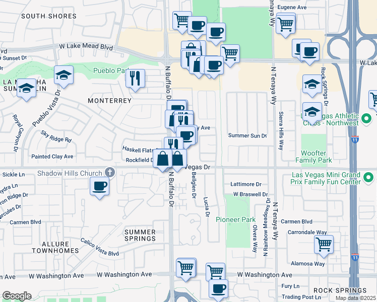 map of restaurants, bars, coffee shops, grocery stores, and more near 1650 North Buffalo Drive in Las Vegas