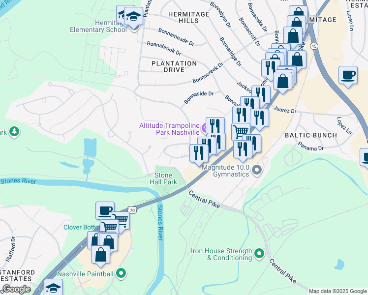 map of restaurants, bars, coffee shops, grocery stores, and more near 1005 Hickory Hill Lane in Nashville
