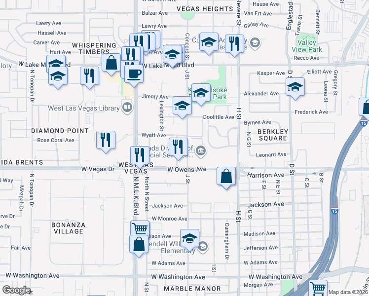 map of restaurants, bars, coffee shops, grocery stores, and more near 1636 J Street in Las Vegas