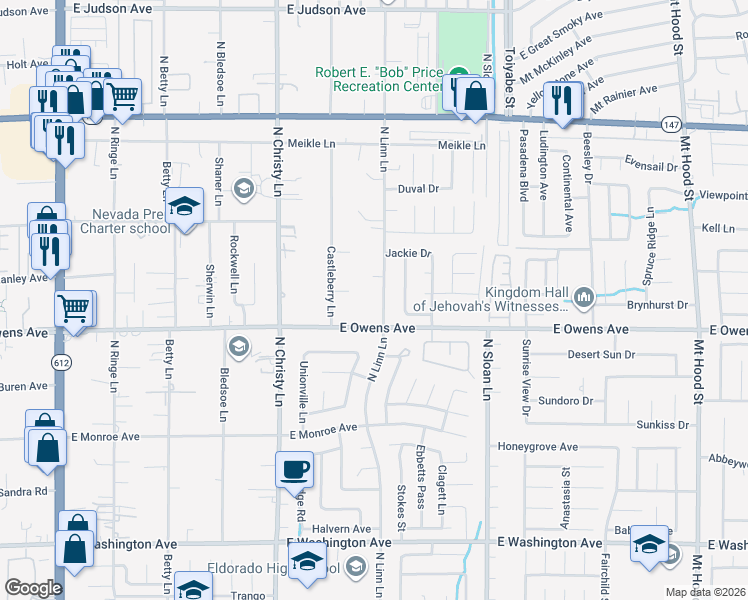 map of restaurants, bars, coffee shops, grocery stores, and more near 1661 North Linn Lane in Las Vegas