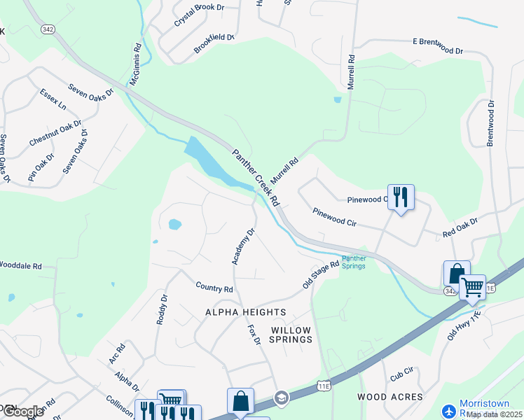 map of restaurants, bars, coffee shops, grocery stores, and more near 909 Mountain Laurel Road in Morristown