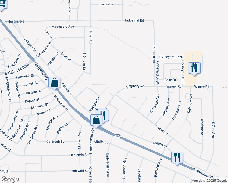 map of restaurants, bars, coffee shops, grocery stores, and more near 3210 Winery Road in Pahrump