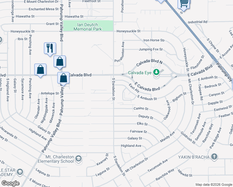map of restaurants, bars, coffee shops, grocery stores, and more near 2021 South Dandelion Street in Pahrump