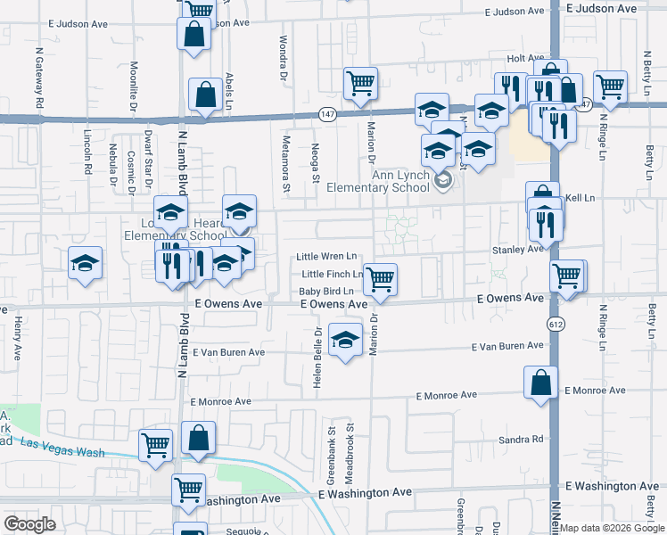 map of restaurants, bars, coffee shops, grocery stores, and more near 4622 Little Wren Lane in Las Vegas