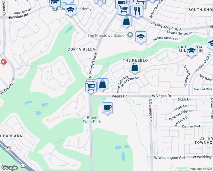 map of restaurants, bars, coffee shops, grocery stores, and more near 8709 Red Rio Drive in Las Vegas