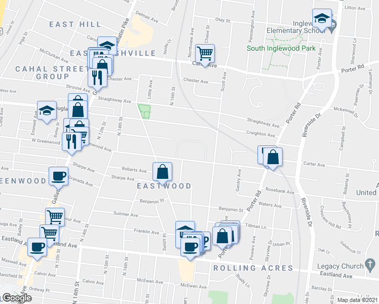 map of restaurants, bars, coffee shops, grocery stores, and more near 1526 McKennie Avenue in Nashville