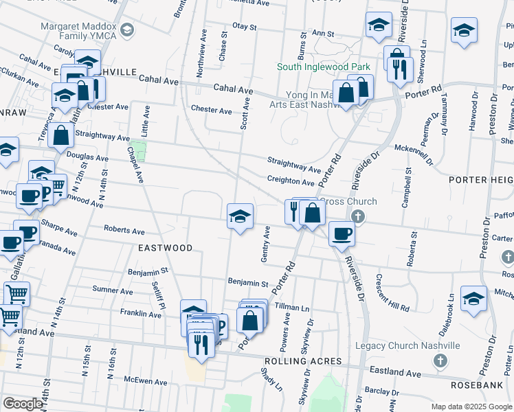 map of restaurants, bars, coffee shops, grocery stores, and more near 1201 Greenwood Circle in Nashville