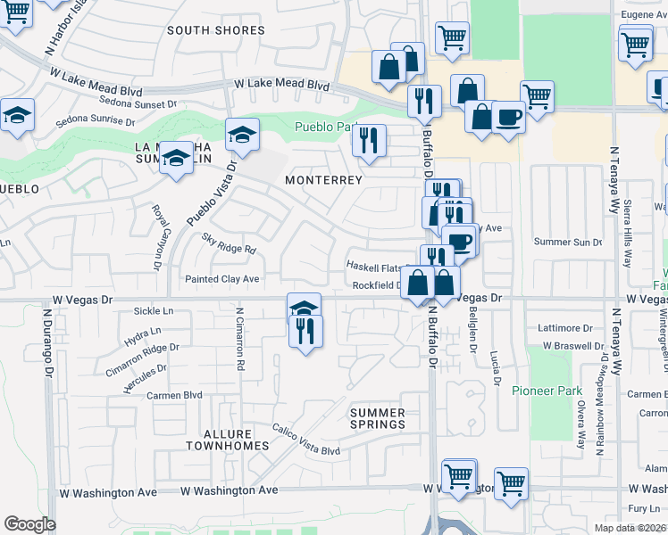 map of restaurants, bars, coffee shops, grocery stores, and more near 1704 Western Lily Street in Las Vegas