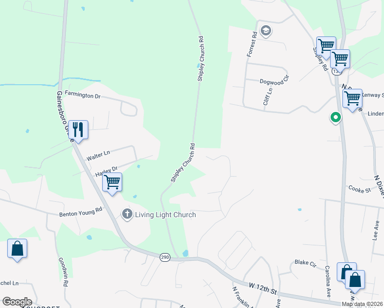 map of restaurants, bars, coffee shops, grocery stores, and more near 1782 Shipley Church Road in Cookeville
