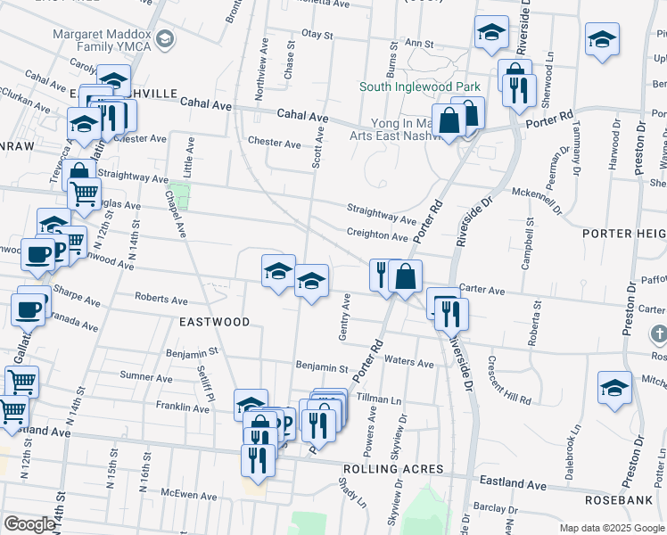 map of restaurants, bars, coffee shops, grocery stores, and more near 1201 Greenwood Circle in Nashville