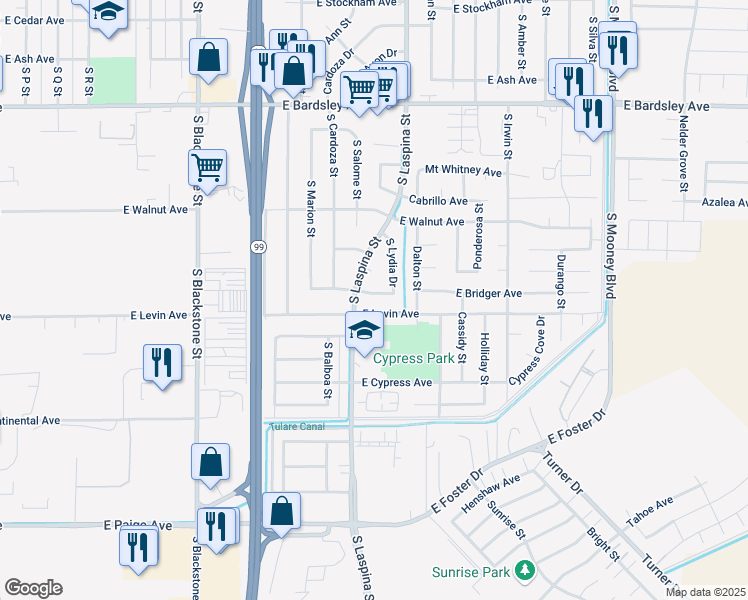 map of restaurants, bars, coffee shops, grocery stores, and more near 1640 East Frances Avenue in Tulare