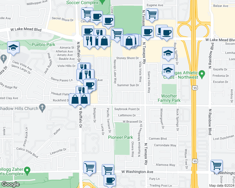 map of restaurants, bars, coffee shops, grocery stores, and more near 1632 Olive Palm Circle in Las Vegas