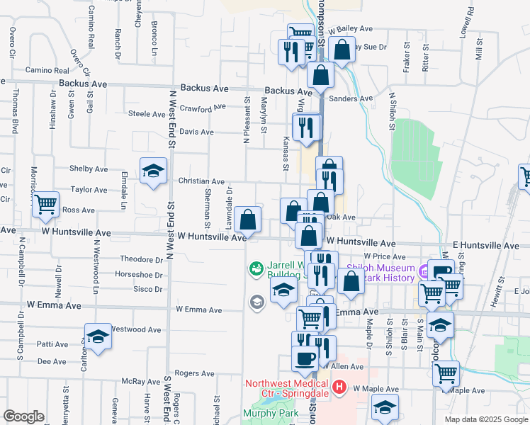 map of restaurants, bars, coffee shops, grocery stores, and more near 701 Union Drive in Springdale