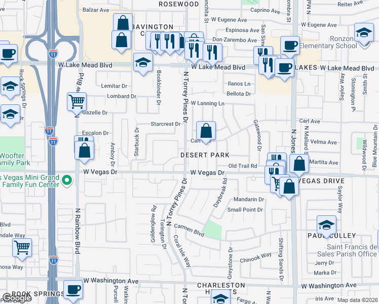 map of restaurants, bars, coffee shops, grocery stores, and more near 1624 North Torrey Pines Drive in Las Vegas