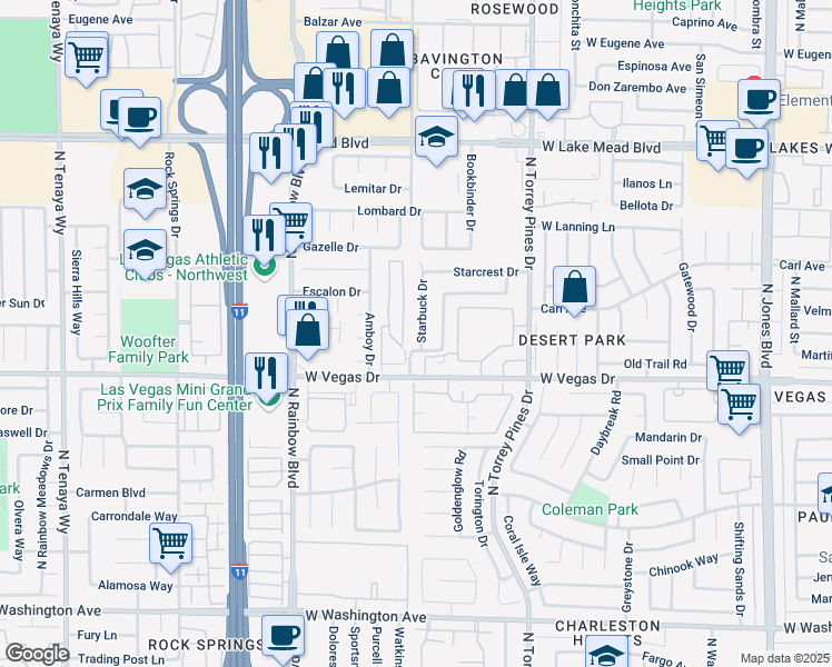 map of restaurants, bars, coffee shops, grocery stores, and more near 1720 Starbuck Drive in Las Vegas