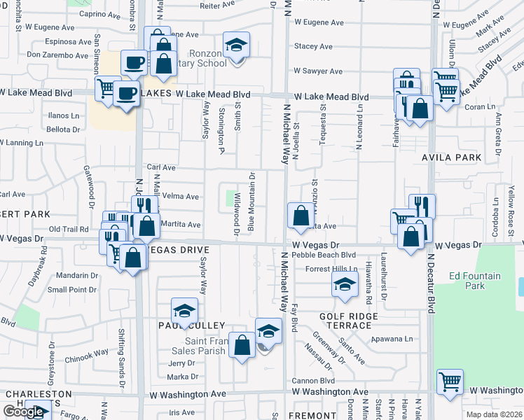 map of restaurants, bars, coffee shops, grocery stores, and more near 1721 Shadow Mountain Place in Las Vegas
