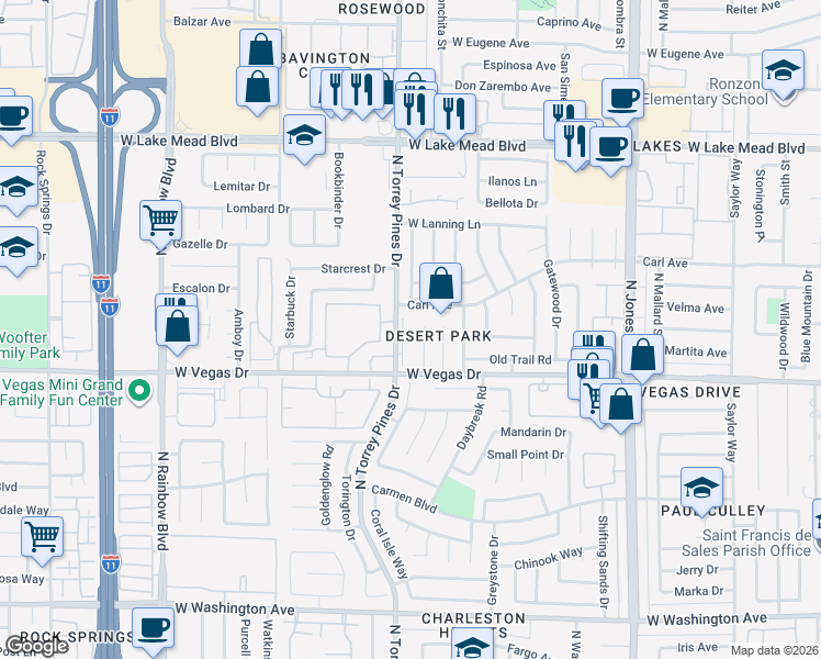 map of restaurants, bars, coffee shops, grocery stores, and more near 1624 North Torrey Pines Drive in Las Vegas