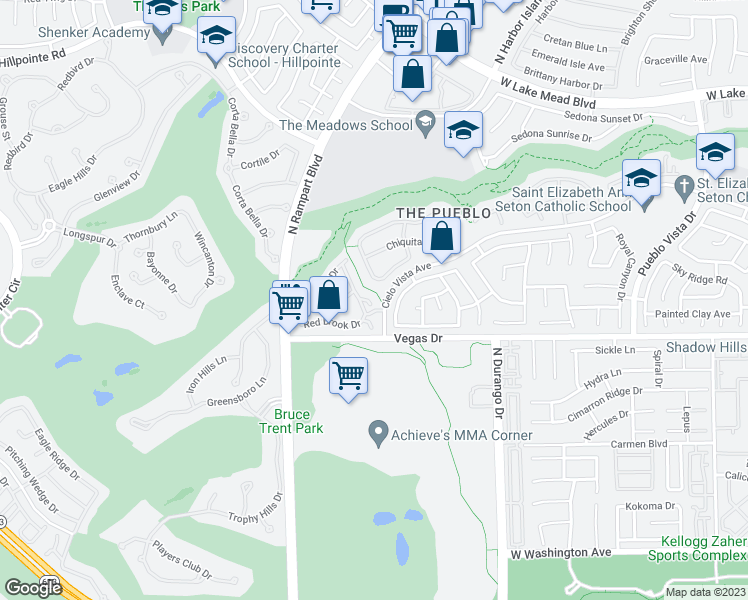 map of restaurants, bars, coffee shops, grocery stores, and more near 1604 Hills of Red Drive in Las Vegas
