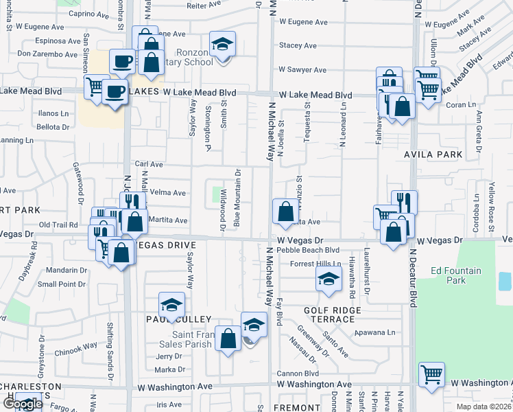 map of restaurants, bars, coffee shops, grocery stores, and more near 1721 Shadow Mountain Place in Las Vegas
