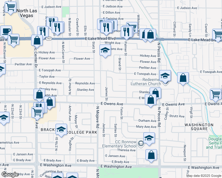 map of restaurants, bars, coffee shops, grocery stores, and more near 1650 James Street in North Las Vegas