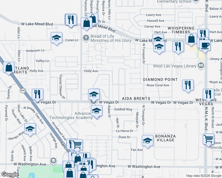 map of restaurants, bars, coffee shops, grocery stores, and more near 1724 Robin Street in Las Vegas