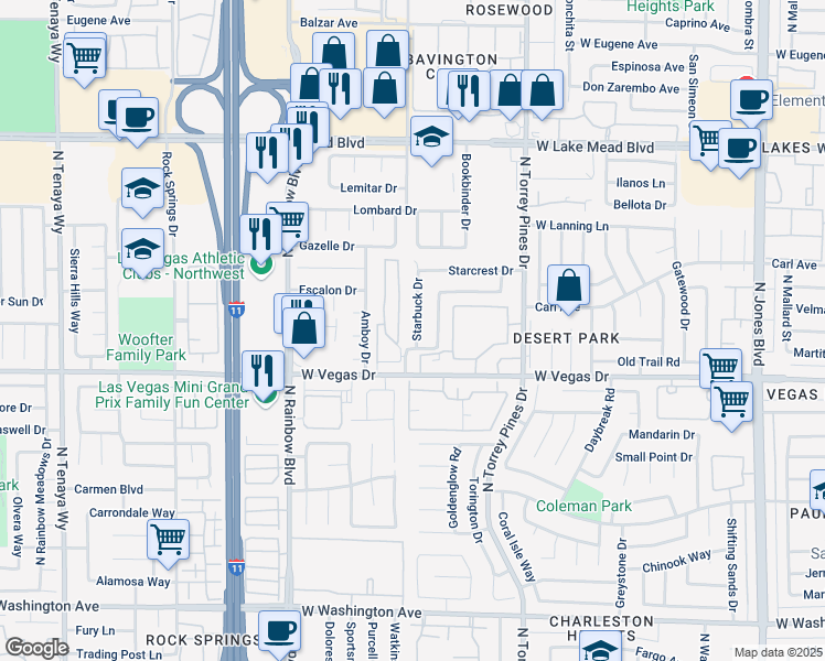 map of restaurants, bars, coffee shops, grocery stores, and more near 1720 Starbuck Drive in Las Vegas