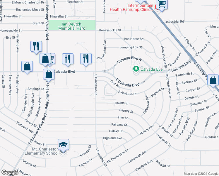map of restaurants, bars, coffee shops, grocery stores, and more near 1880B East Ambush Street in Pahrump
