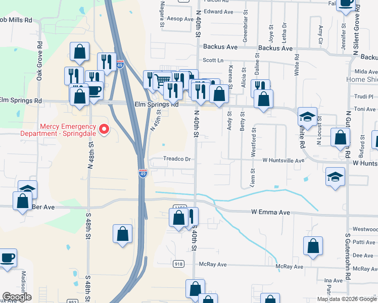 map of restaurants, bars, coffee shops, grocery stores, and more near 598 North 40th Street in Springdale