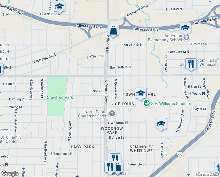 map of restaurants, bars, coffee shops, grocery stores, and more near 2544 North Peoria Avenue in Tulsa