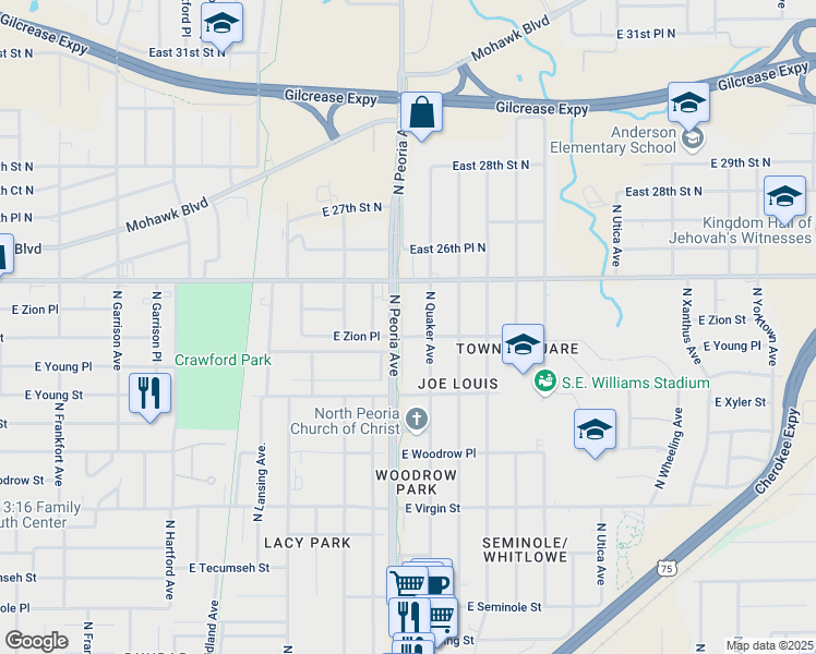 map of restaurants, bars, coffee shops, grocery stores, and more near 2544 North Peoria Avenue in Tulsa