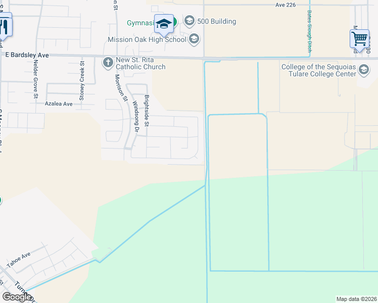 map of restaurants, bars, coffee shops, grocery stores, and more near 3397 Brisa Court in Tulare