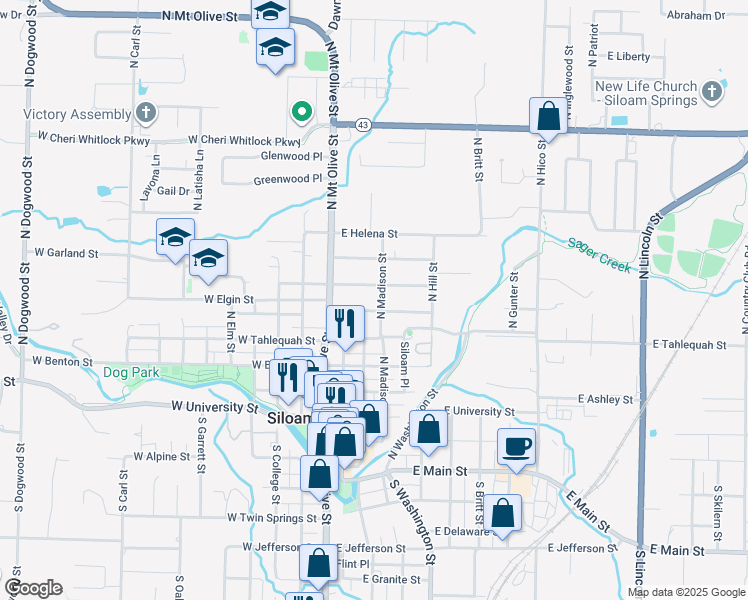 map of restaurants, bars, coffee shops, grocery stores, and more near 620 North Madison Street in Siloam Springs