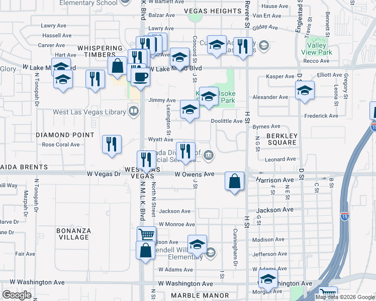 map of restaurants, bars, coffee shops, grocery stores, and more near 1641 North K Street in Las Vegas