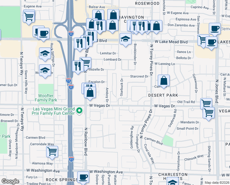 map of restaurants, bars, coffee shops, grocery stores, and more near 1720 Starbuck Drive in Las Vegas