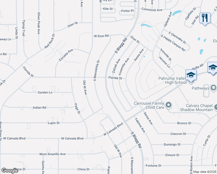 map of restaurants, bars, coffee shops, grocery stores, and more near 2031 South Blagg Road in Pahrump
