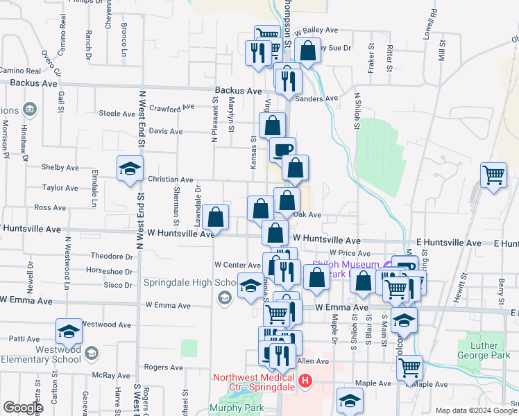map of restaurants, bars, coffee shops, grocery stores, and more near 606 Virginia Street in Springdale