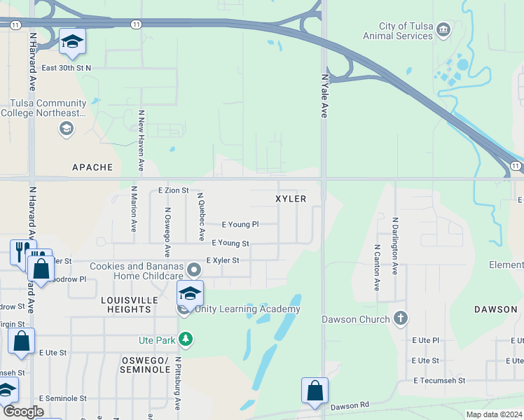 map of restaurants, bars, coffee shops, grocery stores, and more near 4530 East Young Court in Tulsa