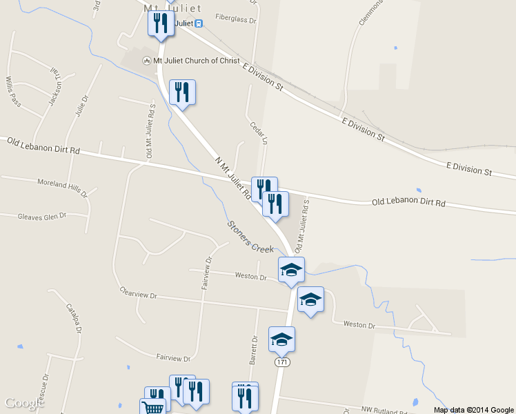 map of restaurants, bars, coffee shops, grocery stores, and more near 1319 N Mt Juliet Rd in Mt Juliet
