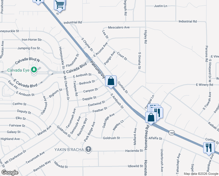 map of restaurants, bars, coffee shops, grocery stores, and more near 2031 South Ambush Street in Pahrump