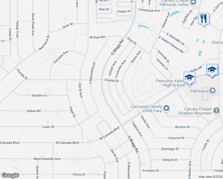 map of restaurants, bars, coffee shops, grocery stores, and more near 2011 Zelzah Avenue in Pahrump