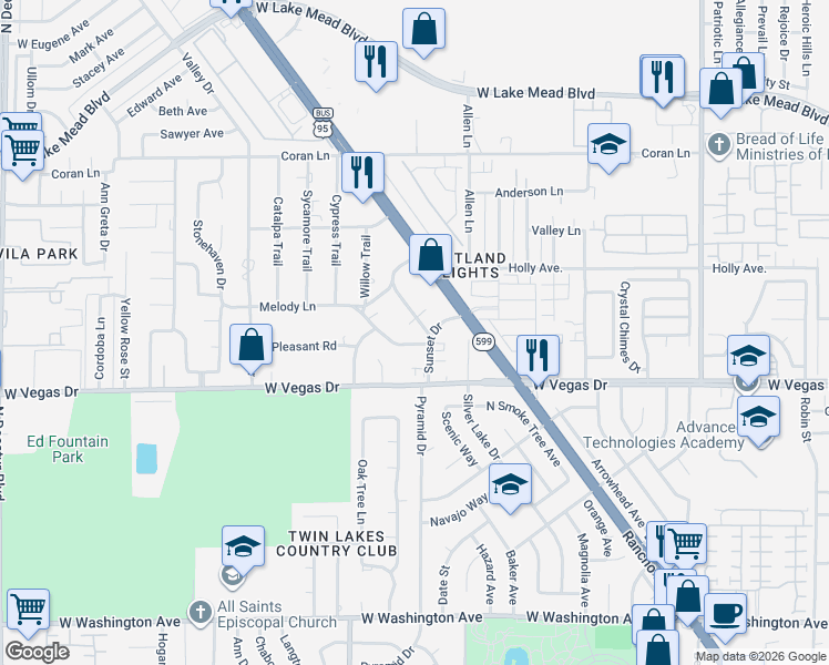 map of restaurants, bars, coffee shops, grocery stores, and more near 1637 Sunset Drive in Las Vegas