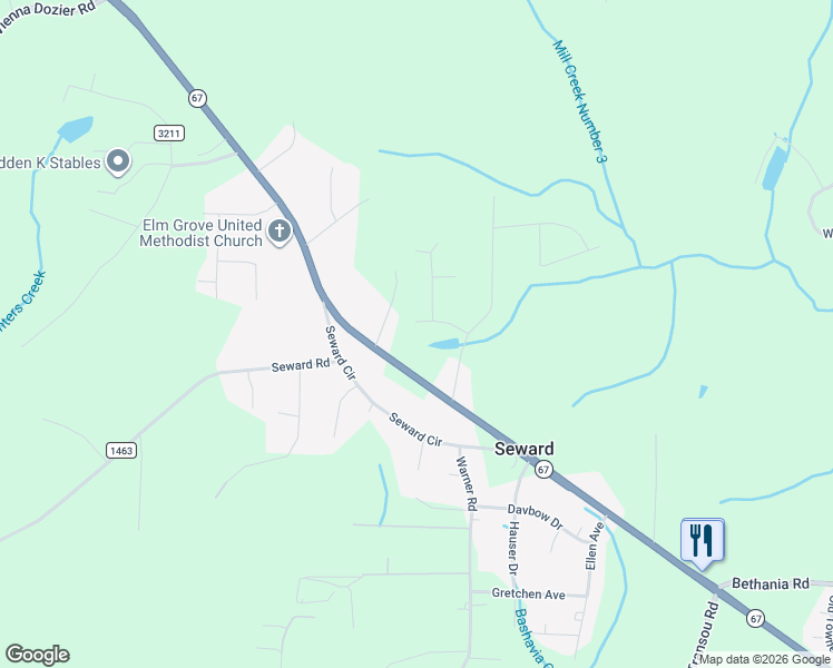 map of restaurants, bars, coffee shops, grocery stores, and more near 5400 Whippers-In Trail in Pfafftown