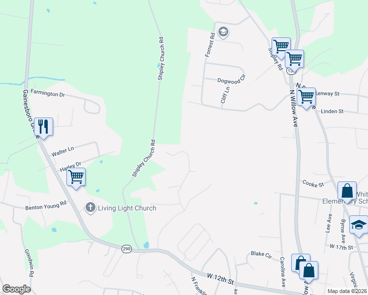 map of restaurants, bars, coffee shops, grocery stores, and more near 1639 Little John Lane in Cookeville
