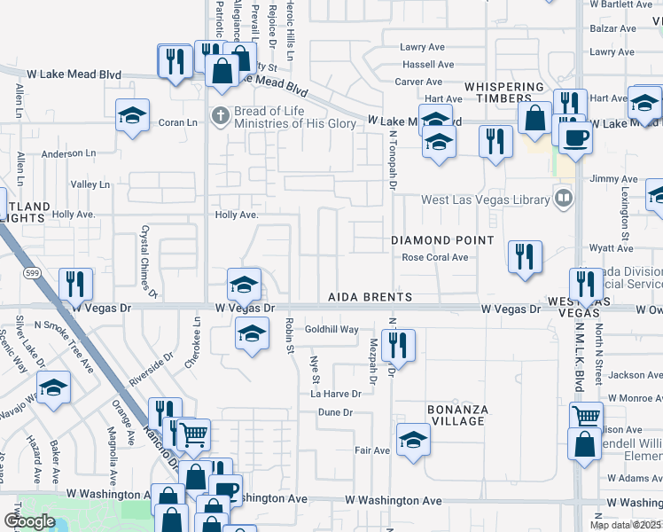 map of restaurants, bars, coffee shops, grocery stores, and more near 1801 Ludwig Drive in Las Vegas