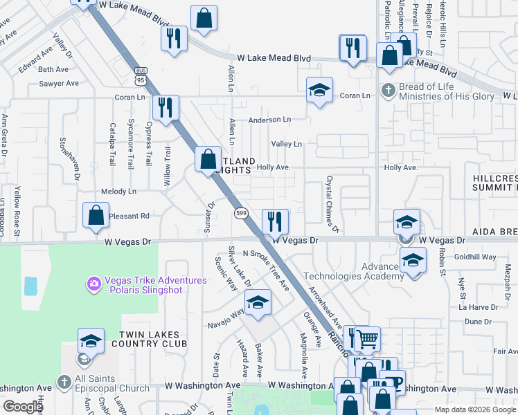 map of restaurants, bars, coffee shops, grocery stores, and more near 1640 North Rancho Drive in Las Vegas