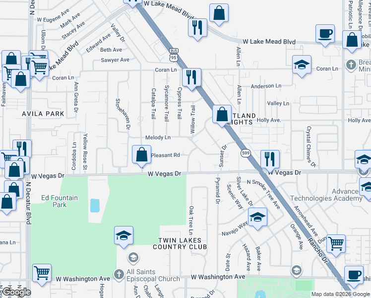 map of restaurants, bars, coffee shops, grocery stores, and more near 3987 Melody Lane in Las Vegas
